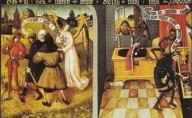 «Il settimo comandamento: Non rubare» «Il settimo comandamento, Non rubare!», è citato sia sul bordo superiore della tavola sia sul cartiglio dell'angelo. Da un lato, la dimensione positiva del comandamento è rappresenta- ta da un uomo ricco e da altre persone semplici e lavoratori che vivono in armonia. D'altro lato, si consumano alcuni furti: c'è chi ruba un vestito e una grossa collana e c'è chi sta fa- cendo man bassa di vasellame prezioso da un forziere, mentre il diavolo sarcasticamente os- serva che «il mantello (rubato) non è male, ma è meglio prendere piuttosto cento marchi». Sullo sfondo, però, si intravede un patibolo con due impiccati.